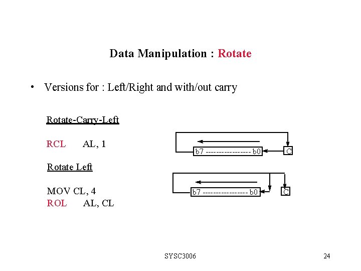 Data Manipulation : Rotate • Versions for : Left/Right and with/out carry Rotate-Carry-Left RCL