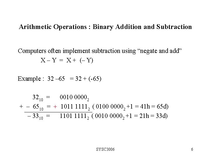 Arithmetic Operations : Binary Addition and Subtraction Computers often implement subtraction using “negate and