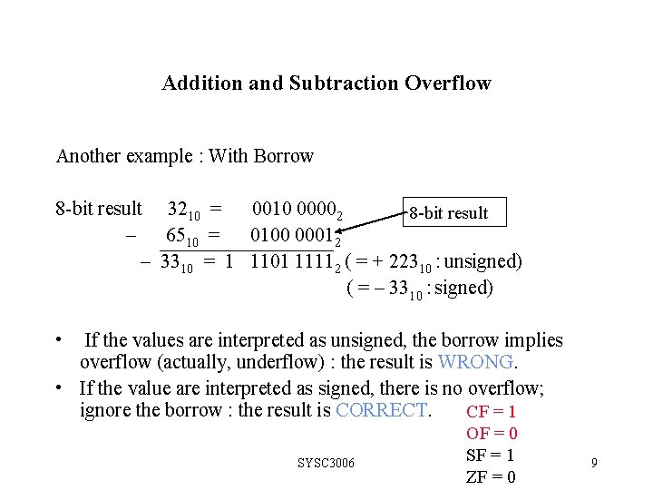 Addition and Subtraction Overflow Another example : With Borrow 8 -bit result 3210 =