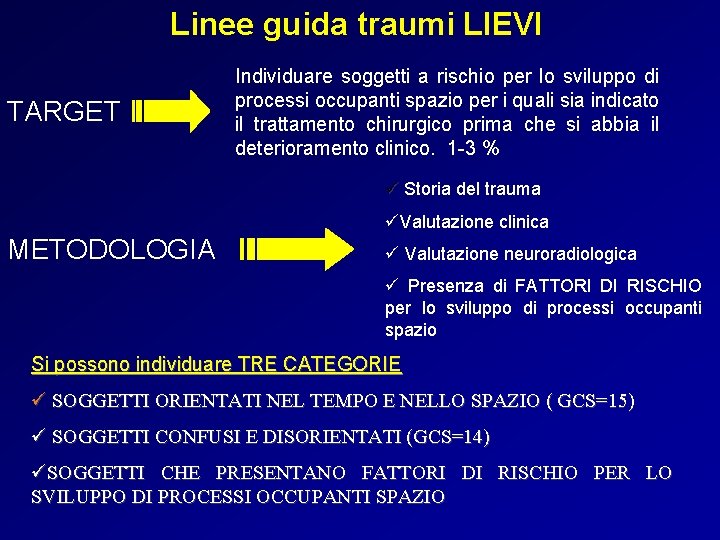 Linee guida traumi LIEVI TARGET Individuare soggetti a rischio per lo sviluppo di processi