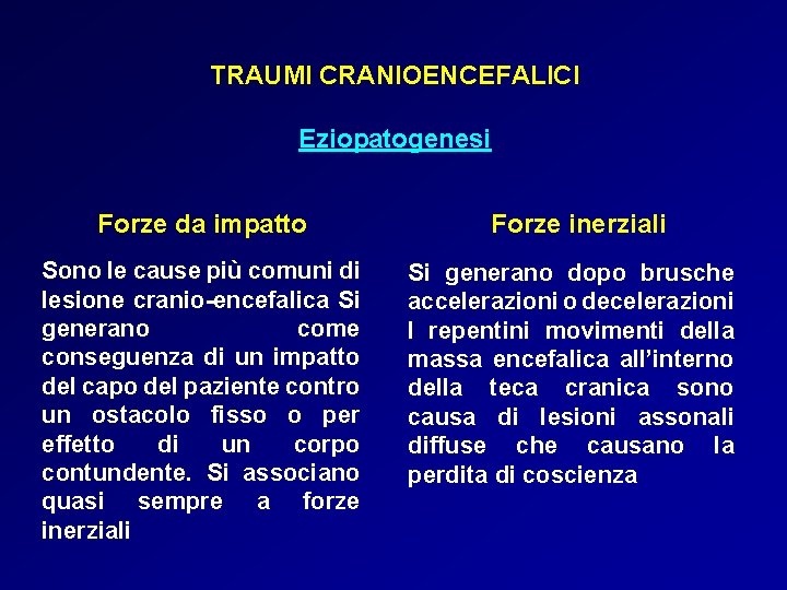 TRAUMI CRANIOENCEFALICI Eziopatogenesi Forze da impatto Sono le cause più comuni di lesione cranio-encefalica