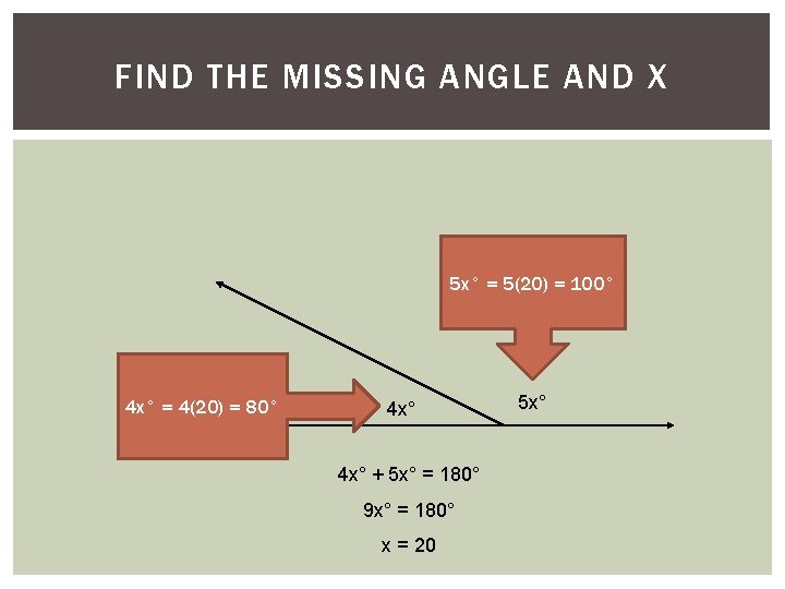Solve for x. AND X FIND THE 7) MISSING ANGLE 5 x° = 5(20)