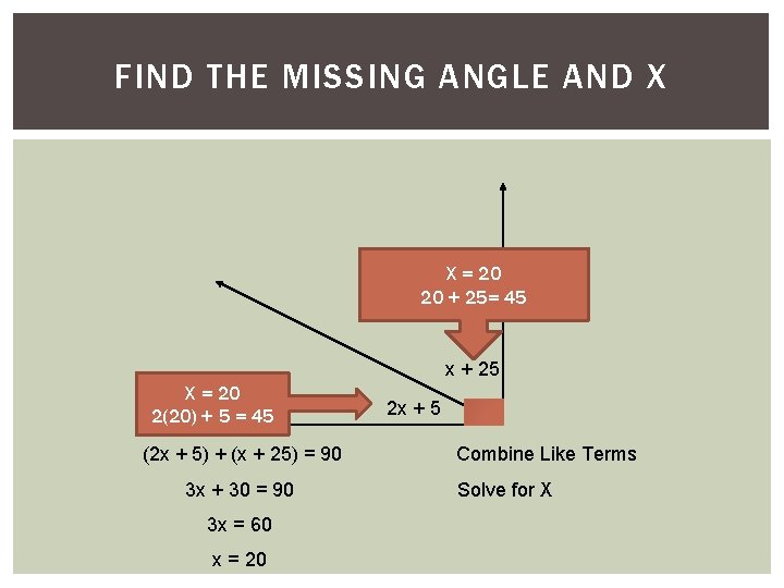 Solve for x. AND X FIND THE 4) MISSING ANGLE X = 20 20