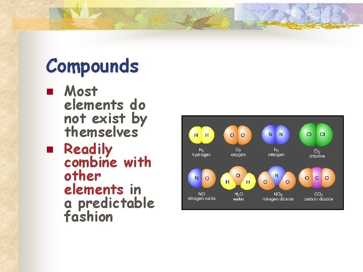 Compounds n n Most elements do not exist by themselves Readily combine with other