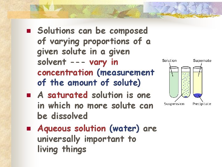 n n n Solutions can be composed of varying proportions of a given solute