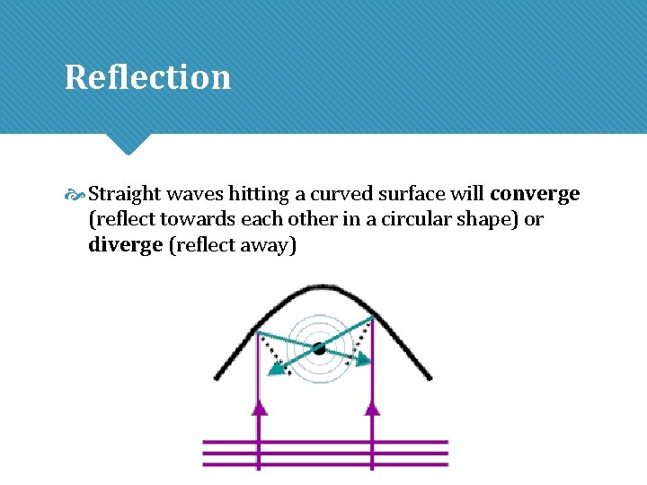 Reflection Straight waves hitting a curved surface will converge (reflect towards each other in Reflection Straight waves hitting a curved surface will converge (reflect towards each other in