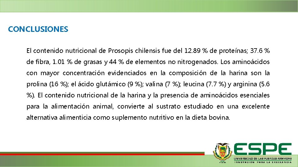 CONCLUSIONES El contenido nutricional de Prosopis chilensis fue del 12. 89 % de proteínas;