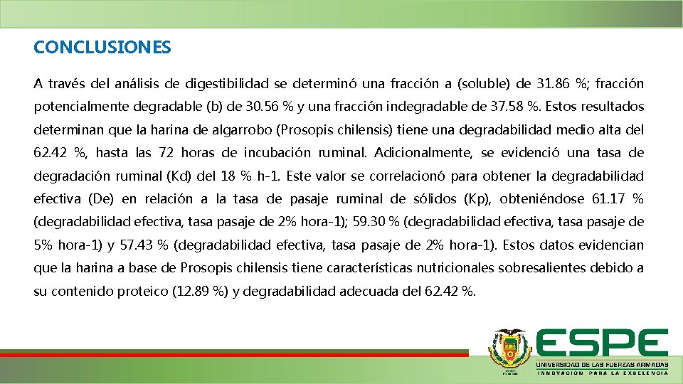 CONCLUSIONES A través del análisis de digestibilidad se determinó una fracción a (soluble) de