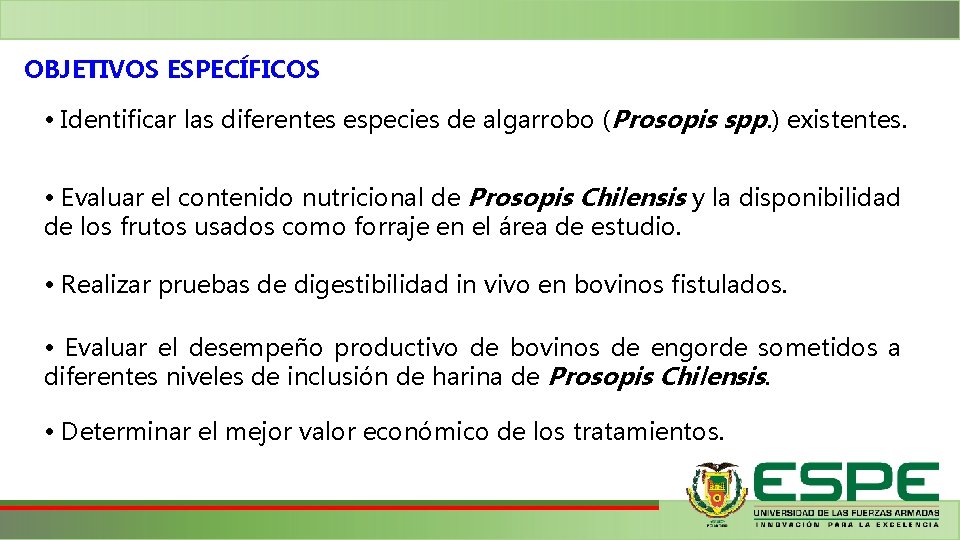 OBJETIVOS ESPECÍFICOS • Identificar las diferentes especies de algarrobo ( Prosopis spp. ) existentes.