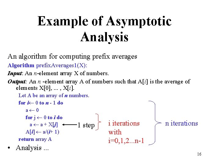 Example of Asymptotic Analysis An algorithm for computing prefix averages Algorithm prefix. Averages 1(X):