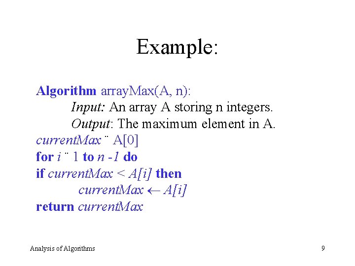 Example: Algorithm array. Max(A, n): Input: An array A storing n integers. Output: The