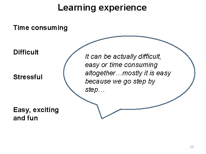 Learning experience Time consuming Difficult Stressful It can be actually difficult, Difficult, Itwhen weconsuming.