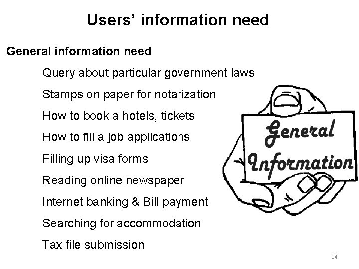 Users’ information need General information need Query about particular government laws Stamps on paper