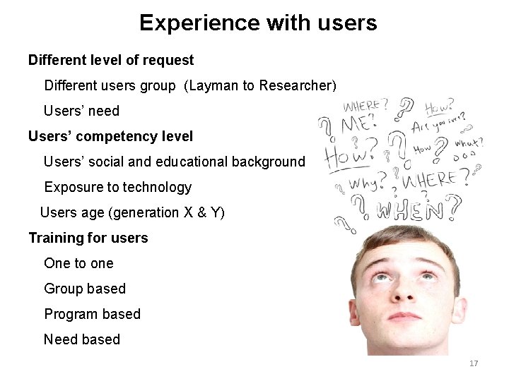 Experience with users Different level of request Different users group (Layman to Researcher) Users’