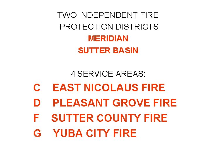 TWO INDEPENDENT FIRE PROTECTION DISTRICTS MERIDIAN SUTTER BASIN 4 SERVICE AREAS: C EAST NICOLAUS