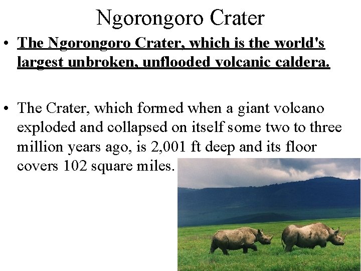 Ngorongoro Crater • The Ngorongoro Crater, which is the world's largest unbroken, unflooded volcanic