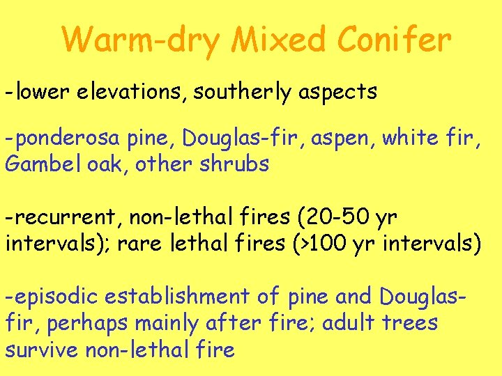 Warm-dry Mixed Conifer -lower elevations, southerly aspects -ponderosa pine, Douglas-fir, aspen, white fir, Gambel