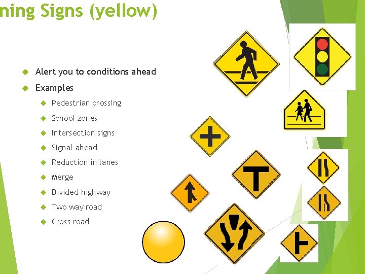 ning Signs (yellow) Alert you to conditions ahead Examples Pedestrian crossing School zones Intersection