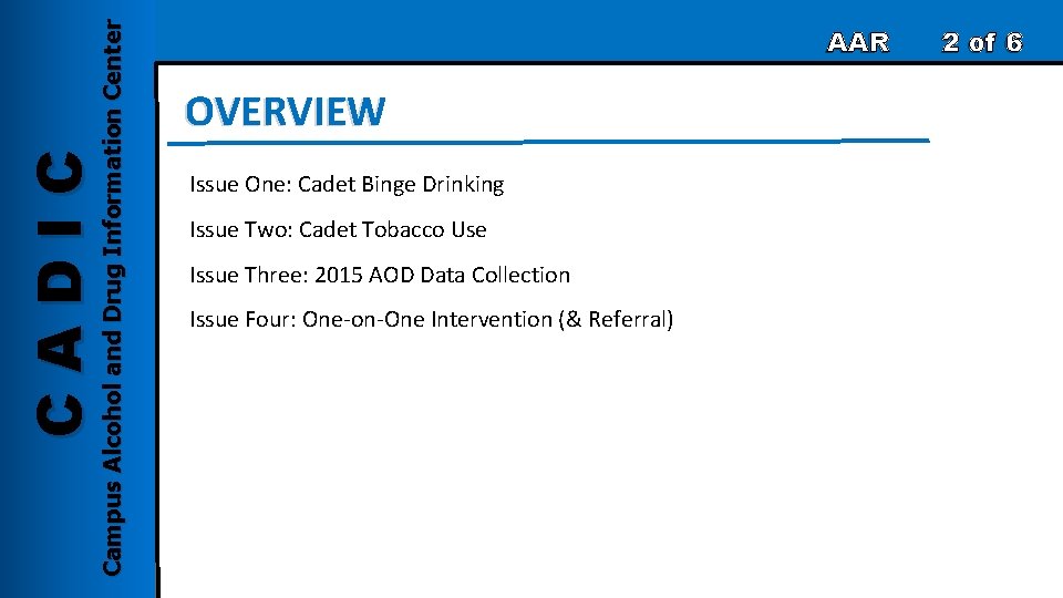 Campus Alcohol and Drug Information Center CADIC AAR OVERVIEW Issue One: Cadet Binge Drinking