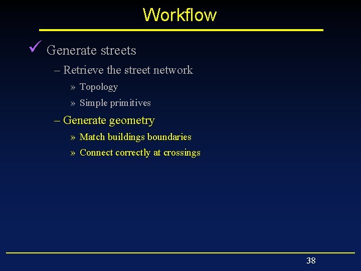 Workflow ü Generate streets – Retrieve the street network » Topology » Simple primitives