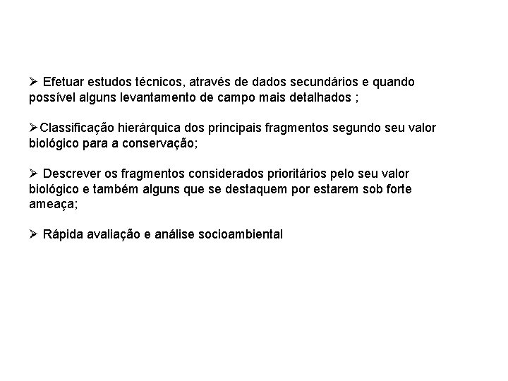 Ø Efetuar estudos técnicos, através de dados secundários e quando possível alguns levantamento de