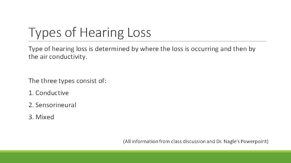 Types of Hearing Loss Type of hearing loss is determined by where the loss