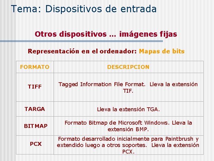 Tema: Dispositivos de entrada Otros dispositivos … imágenes fijas Representación en el ordenador: Mapas