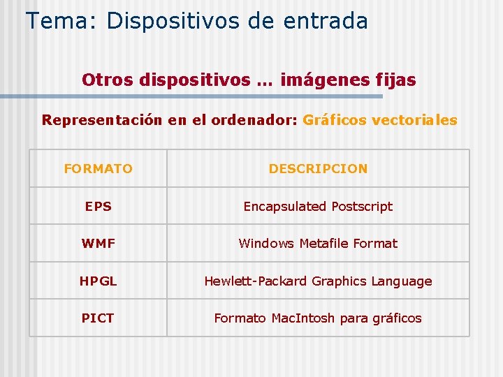 Tema: Dispositivos de entrada Otros dispositivos … imágenes fijas Representación en el ordenador: Gráficos