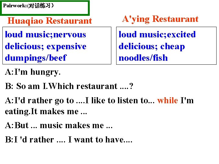 Pairwork: (对话练习） Huaqiao Restaurant loud music; nervous delicious; expensive dumpings/beef A'ying Restaurant loud music;