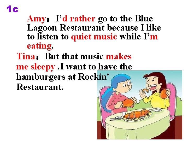 1 c Amy：I’d rather go to the Blue Lagoon Restaurant because I like to