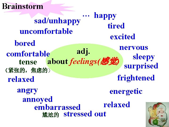 Brainstorm … happy sad/unhappy tired uncomfortable excited bored nervous adj. comfortable sleepy tense about