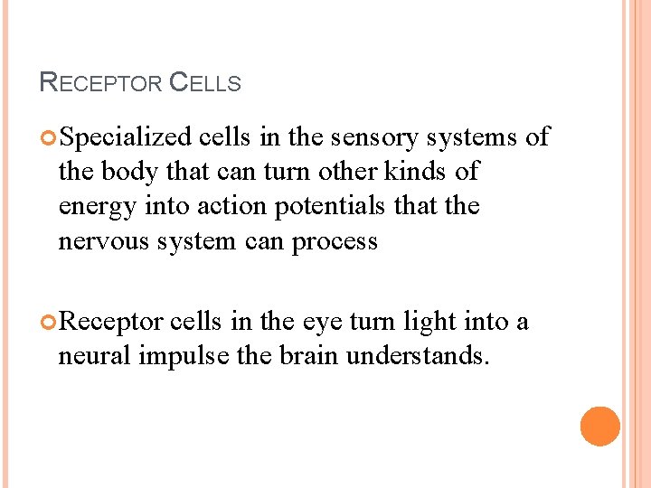 RECEPTOR CELLS Specialized cells in the sensory systems of the body that can turn