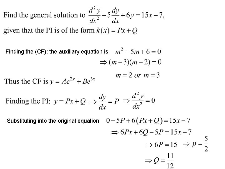 Finding the (CF): the auxiliary equation is Substituting into the original equation 