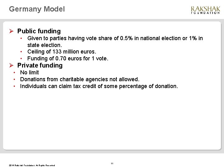 Germany Model Ø Public funding • Given to parties having vote share of 0.