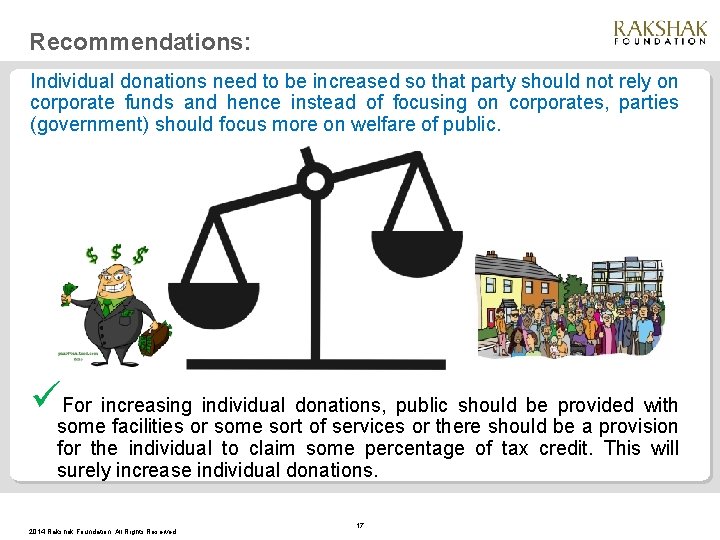 Recommendations: Individual donations need to be increased so that party should not rely on
