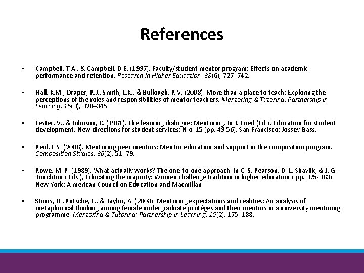 References • Campbell, T. A. , & Campbell, D. E. (1997). Faculty/student mentor program: