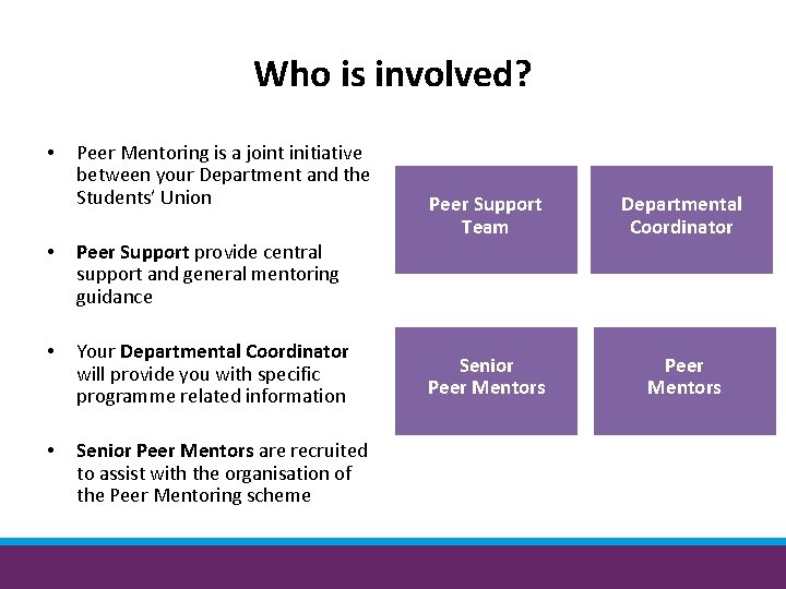 Who is involved? • Peer Mentoring is a joint initiative between your Department and