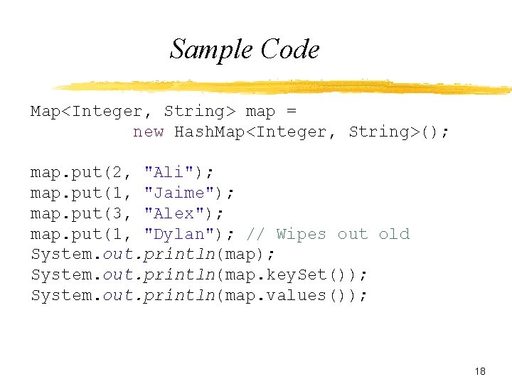 Sample Code Map<Integer, String> map = new Hash. Map<Integer, String>(); map. put(2, "Ali"); map.