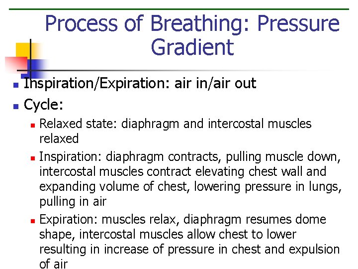 Process of Breathing: Pressure Gradient Inspiration/Expiration: air in/air out n Cycle: n Relaxed state: