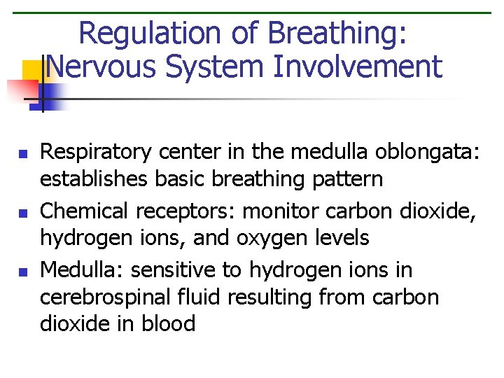 Regulation of Breathing: Nervous System Involvement n n n Respiratory center in the medulla