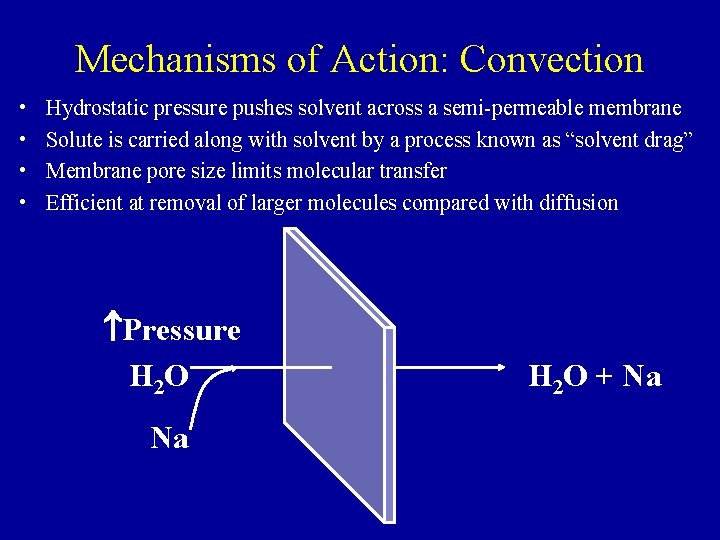 Mechanisms of Action: Convection • • Hydrostatic pressure pushes solvent across a semi-permeable membrane