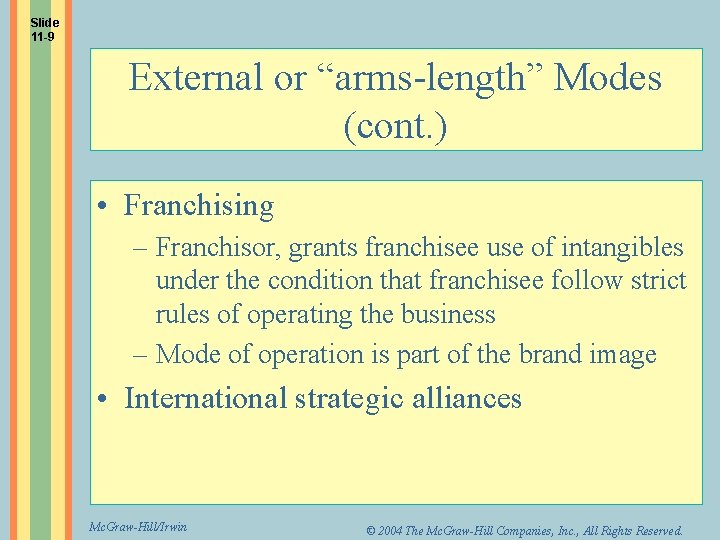 Slide 11 -9 External or “arms-length” Modes (cont. ) • Franchising – Franchisor, grants