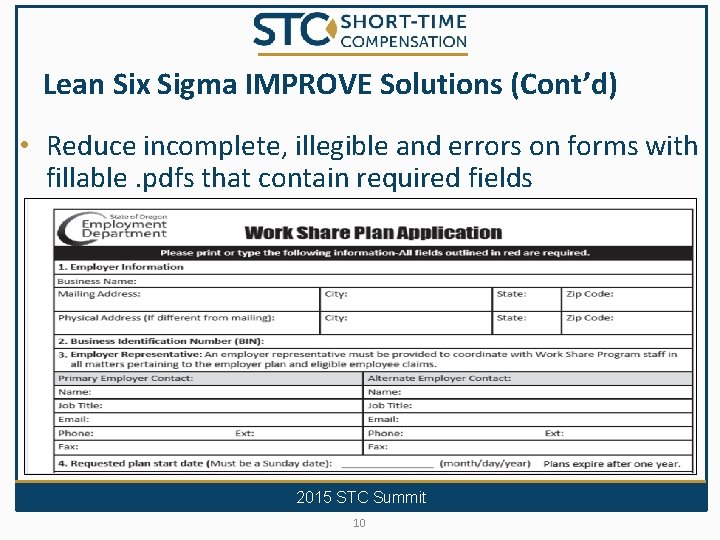 Lean Six Sigma IMPROVE Solutions (Cont’d) • Reduce incomplete, illegible and errors on forms