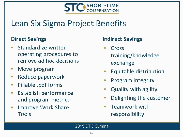 Lean Six Sigma Project Benefits Direct Savings • Standardize written operating procedures to remove