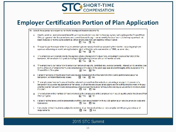 Employer Certification Portion of Plan Application 2015 STC Summit 16 