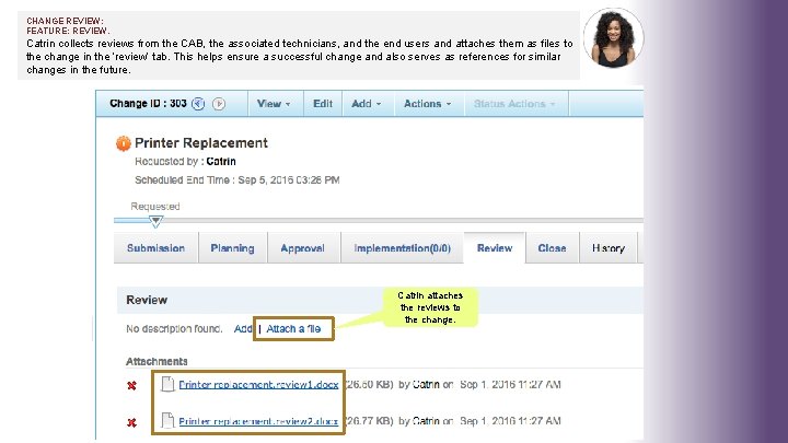 CHANGE REVIEW: FEATURE: REVIEW. Catrin collects reviews from the CAB, the associated technicians, and