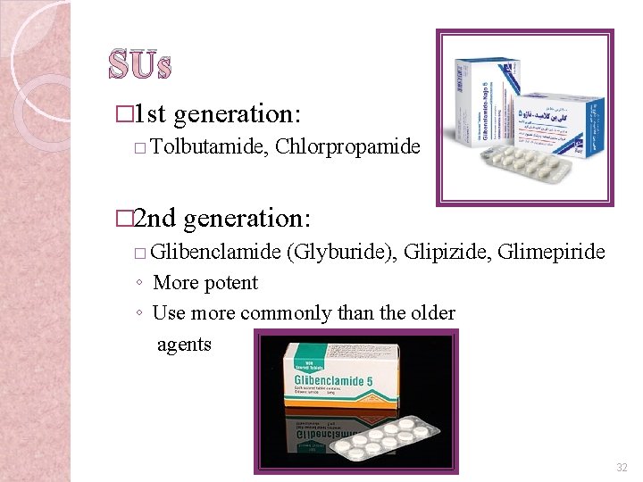 SUs � 1 st generation: � Tolbutamide, Chlorpropamide � 2 nd generation: � Glibenclamide