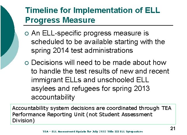 Timeline for Implementation of ELL Progress Measure ¡ An ELL-specific progress measure is scheduled