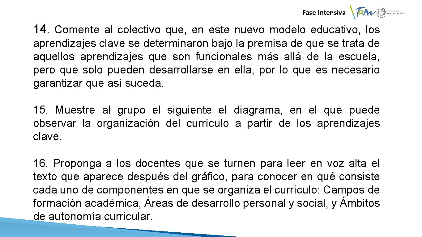 Fase Intensiva 14. Comente al colectivo que, en este nuevo modelo educativo, los aprendizajes