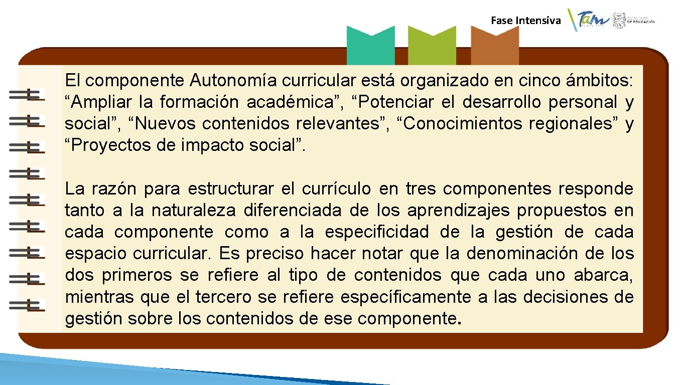 Fase Intensiva El componente Autonomía curricular está organizado en cinco ámbitos: “Ampliar la formación